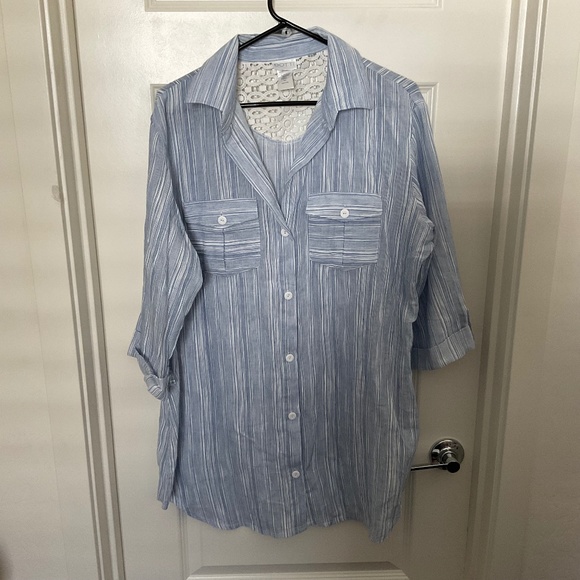 Dotti Tops - Dotti Striped Button Down Top with Crochet‎ Detail - Blue/White - Size Large